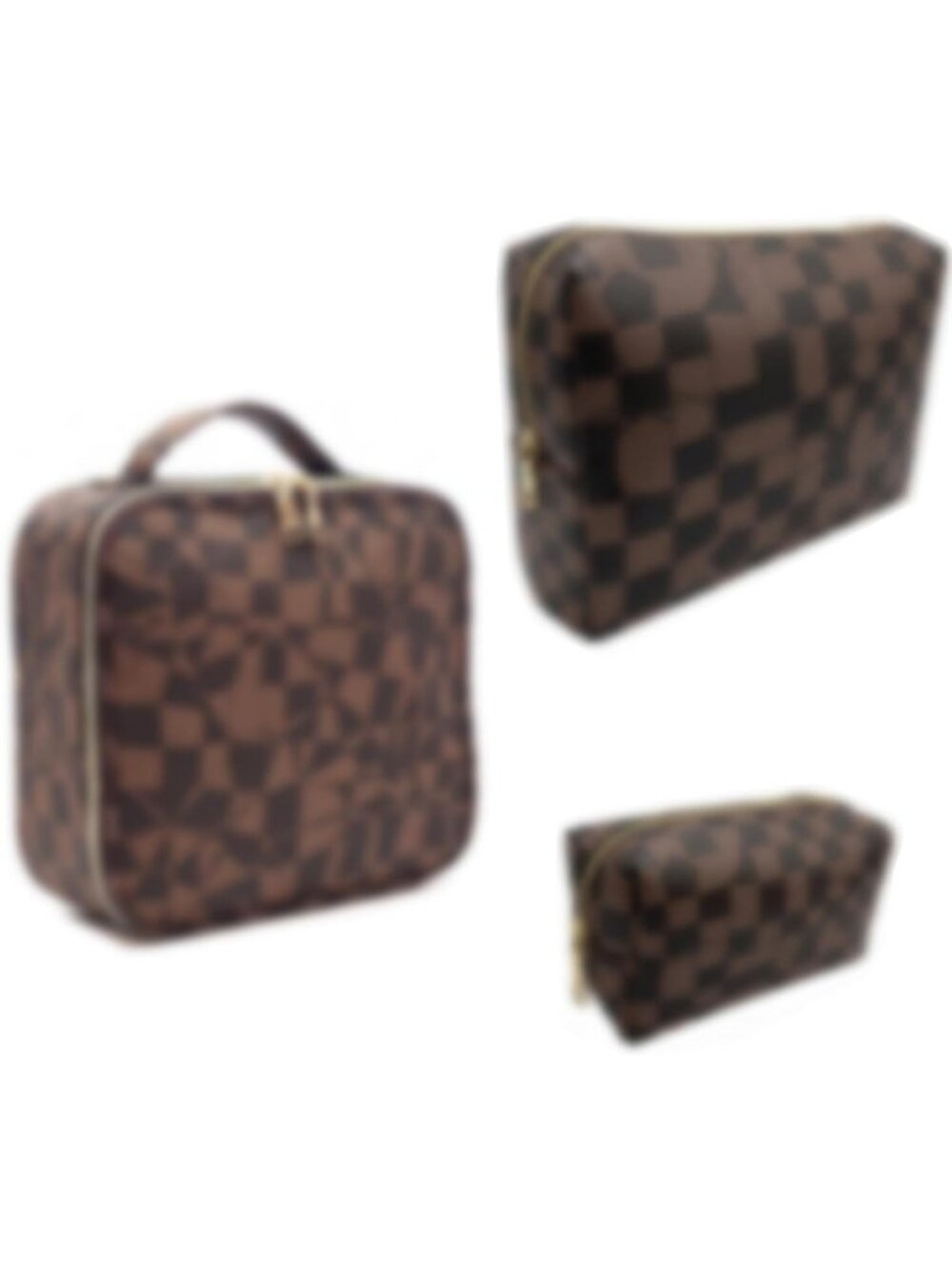 3-Piece Brown Checkered Makeup Bag Set - Large Capacity, Waterproof Travel